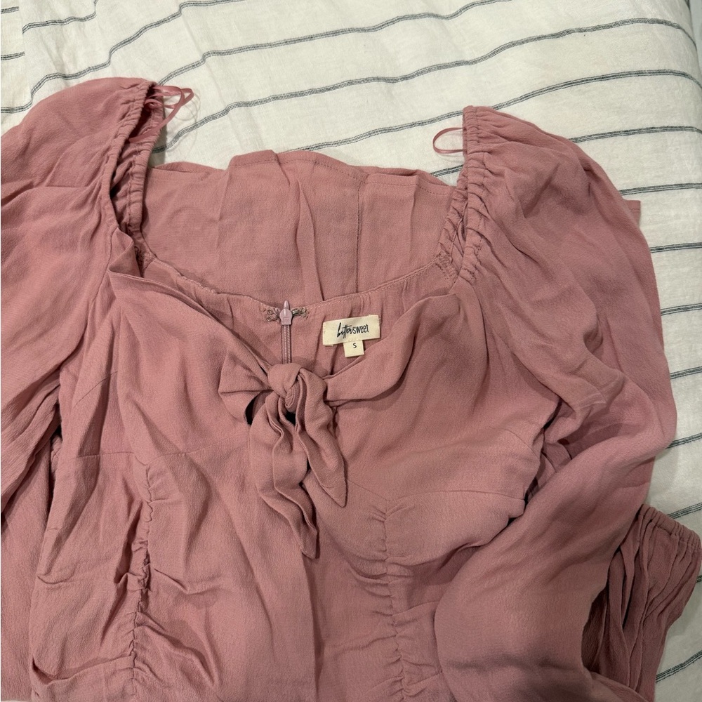 Pink Ruched Tie Front Long Sleeve Dress